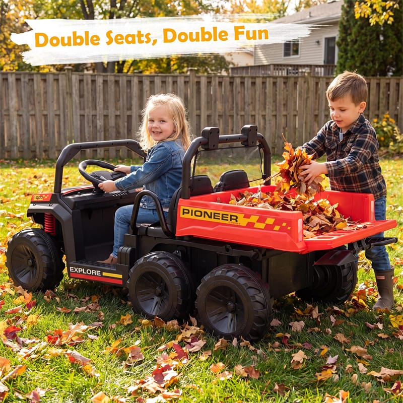 24V 2-Seater Ride on Dump Truck, 4WD Kids Car w/ Electric Dump Bed, Shovel, Parent Remote & Wireless Music, Electric Ride On UTV for Boys Girls