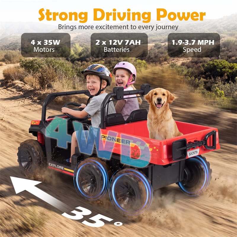 24V 2-Seater Ride on Dump Truck, 4WD Kids Car w/ Electric Dump Bed, Shovel, Parent Remote & Wireless Music, Electric Ride On UTV for Boys Girls