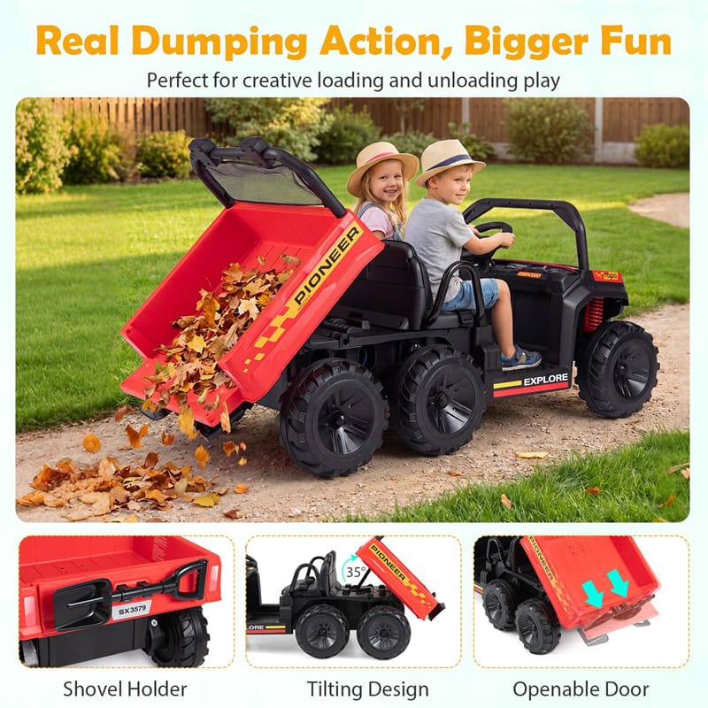 24V 2-Seater Ride on Dump Truck, 4WD Kids Car w/ Electric Dump Bed, Shovel, Parent Remote & Wireless Music, Electric Ride On UTV for Boys Girls