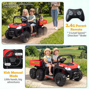 24V 2-Seater Ride on Dump Truck, 4WD Kids Car w/ Electric Dump Bed, Shovel, Parent Remote & Wireless Music, Electric Ride On UTV for Boys Girls
