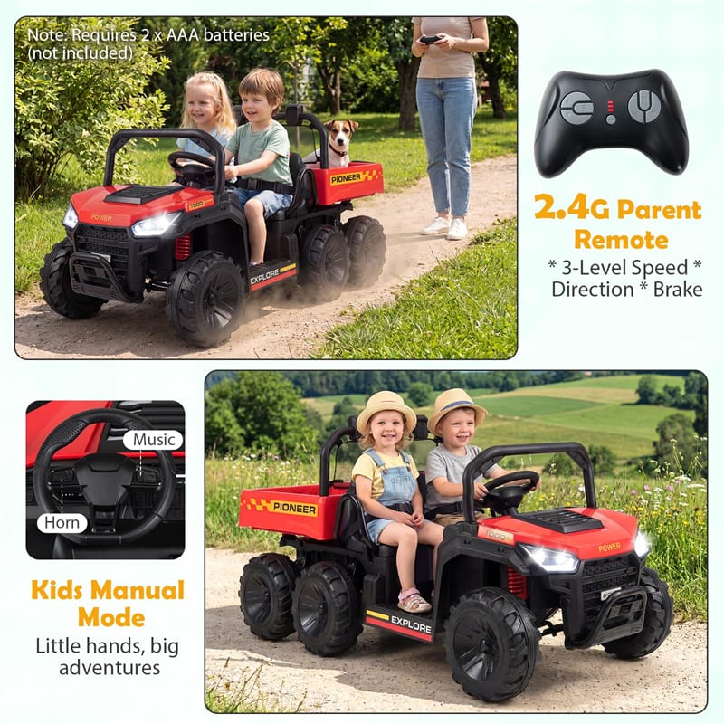 24V 2-Seater Ride on Dump Truck, 4WD Kids Car w/ Electric Dump Bed, Shovel, Parent Remote & Wireless Music, Electric Ride On UTV for Boys Girls