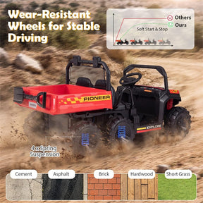 24V 2-Seater Ride on Dump Truck, 4WD Kids Car w/ Electric Dump Bed, Shovel, Parent Remote & Wireless Music, Electric Ride On UTV for Boys Girls