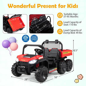 24V 2-Seater Ride on Dump Truck, 4WD Kids Car w/ Electric Dump Bed, Shovel, Parent Remote & Wireless Music, Electric Ride On UTV for Boys Girls