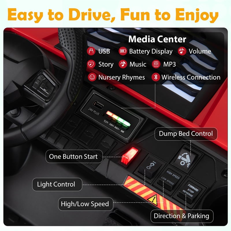 24V 2-Seater Ride on Dump Truck, 4WD Kids Car w/ Electric Dump Bed, Shovel, Parent Remote & Wireless Music, Electric Ride On UTV for Boys Girls