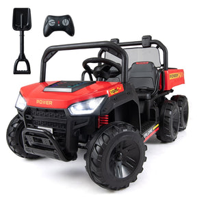 24V 2-Seater Ride on Dump Truck, 4WD Kids Car w/ Electric Dump Bed, Shovel, Parent Remote & Wireless Music, Electric Ride On UTV for Boys Girls