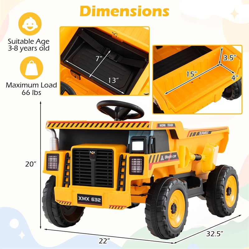 24V Kids Ride on Dump Truck, Electric Construction Vehicle with Dump Bed, Shovel & Remote Control, 4-Wheeler Battery Powered Toy Car for Boys Girls