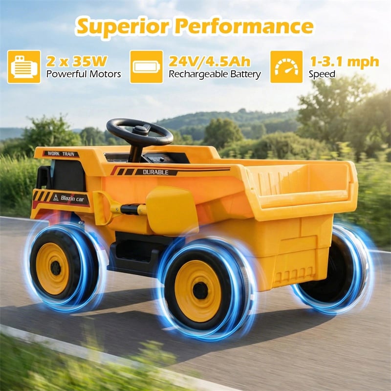 24V Kids Ride on Dump Truck, Electric Construction Vehicle with Dump Bed, Shovel & Remote Control, 4-Wheeler Battery Powered Toy Car for Boys Girls