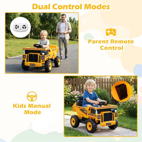 24V Kids Ride on Dump Truck, Electric Construction Vehicle with Dump Bed, Shovel & Remote Control, 4-Wheeler Battery Powered Toy Car for Boys Girls