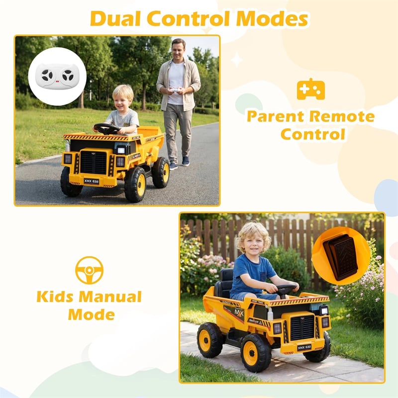 24V Kids Ride on Dump Truck, Electric Construction Vehicle with Dump Bed, Shovel & Remote Control, 4-Wheeler Battery Powered Toy Car for Boys Girls