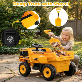 24V Kids Ride on Dump Truck, Electric Construction Vehicle with Dump Bed, Shovel & Remote Control, 4-Wheeler Battery Powered Toy Car for Boys Girls