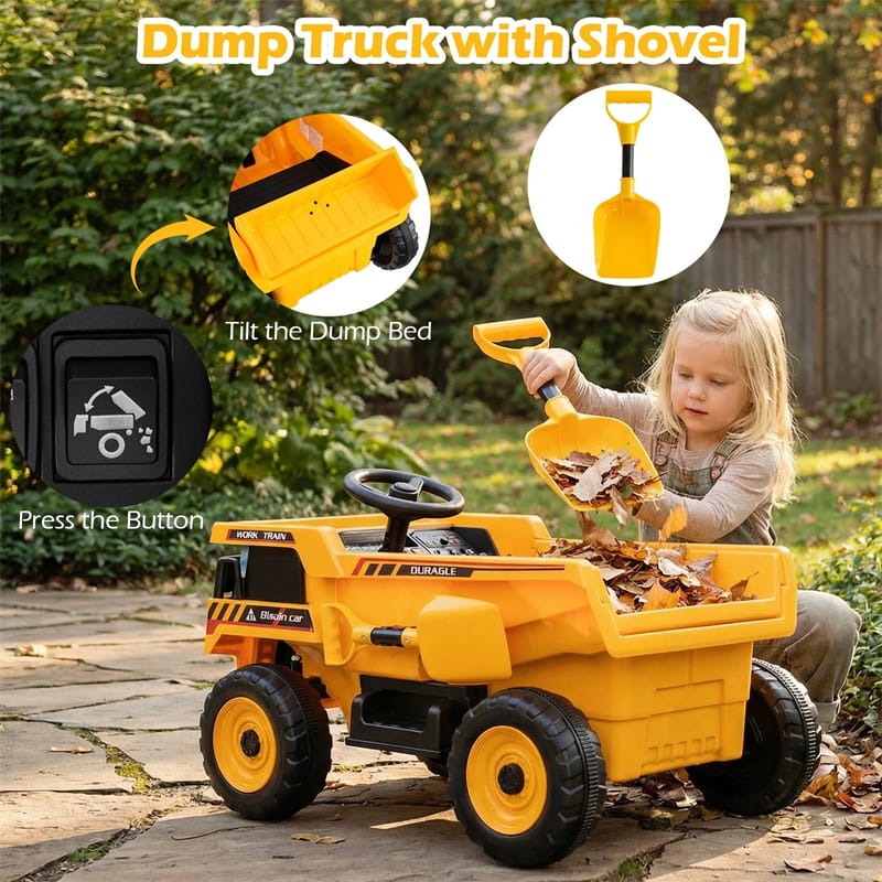 24V Kids Ride on Dump Truck, Electric Construction Vehicle with Dump Bed, Shovel & Remote Control, 4-Wheeler Battery Powered Toy Car for Boys Girls