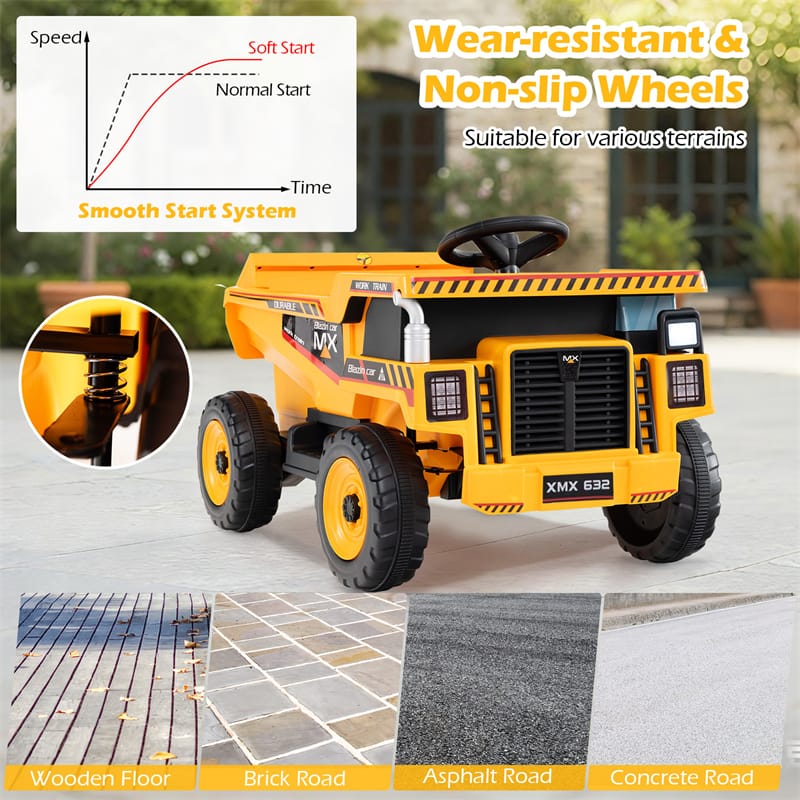 24V Kids Ride on Dump Truck, Electric Construction Vehicle with Dump Bed, Shovel & Remote Control, 4-Wheeler Battery Powered Toy Car for Boys Girls