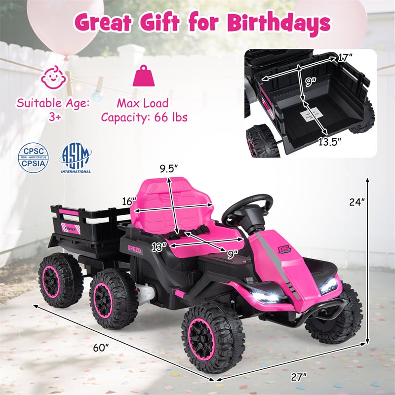24V Kids Ride On Tractor with Detachable Trailer, Parent Remote, 20° Climbing, Wireless Music & Lights, Electric Vehicle for Boys Girls Ages 3+
