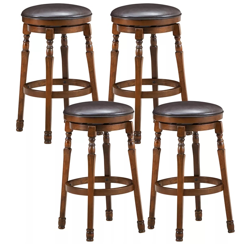 29" Backless Swivel Bar Stools, Round Rubber Wood Bar Height Stool with Faux Leather Padded Seat & Footrest for Kitchen Island, Pub Cafe