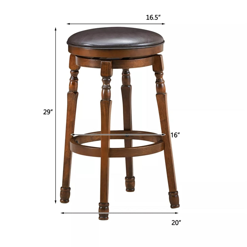 29" Backless Swivel Bar Stools, Round Rubber Wood Bar Height Stool with Faux Leather Padded Seat & Footrest for Kitchen Island, Pub Cafe