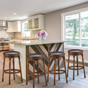 29" Backless Swivel Bar Stools, Round Rubber Wood Bar Height Stool with Faux Leather Padded Seat & Footrest for Kitchen Island, Pub Cafe