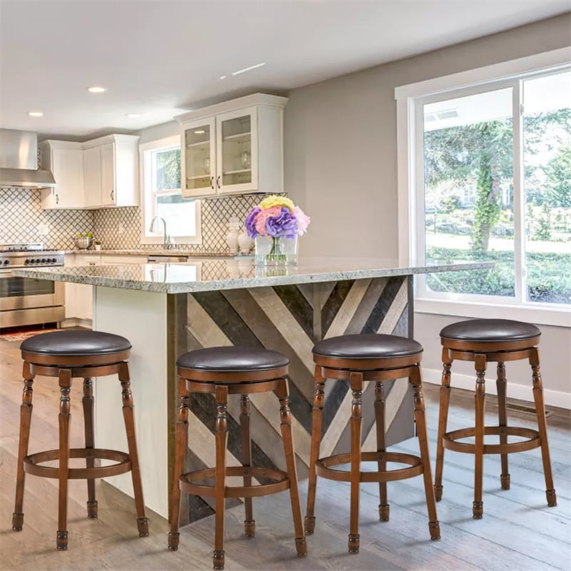 29" Backless Swivel Bar Stools, Round Rubber Wood Bar Height Stool with Faux Leather Padded Seat & Footrest for Kitchen Island, Pub Cafe