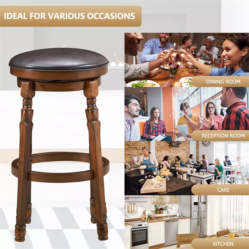 29" Backless Swivel Bar Stools, Round Rubber Wood Bar Height Stool with Faux Leather Padded Seat & Footrest for Kitchen Island, Pub Cafe