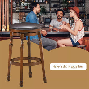 29" Backless Swivel Bar Stools, Round Rubber Wood Bar Height Stool with Faux Leather Padded Seat & Footrest for Kitchen Island, Pub Cafe