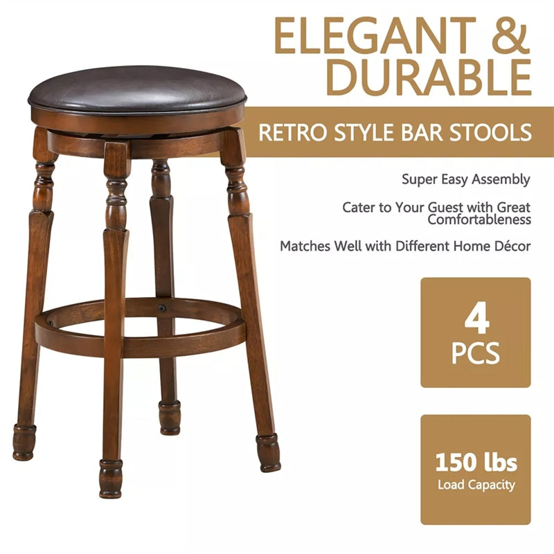 29" Backless Swivel Bar Stools, Round Rubber Wood Bar Height Stool with Faux Leather Padded Seat & Footrest for Kitchen Island, Pub Cafe