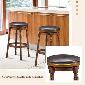 29" Backless Swivel Bar Stools, Round Rubber Wood Bar Height Stool with Faux Leather Padded Seat & Footrest for Kitchen Island, Pub Cafe