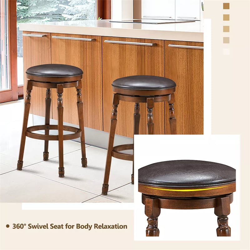 29" Backless Swivel Bar Stools, Round Rubber Wood Bar Height Stool with Faux Leather Padded Seat & Footrest for Kitchen Island, Pub Cafe
