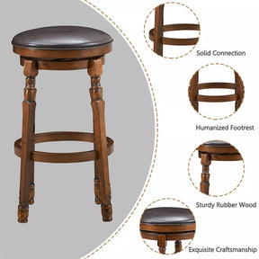 29" Backless Swivel Bar Stools, Round Rubber Wood Bar Height Stool with Faux Leather Padded Seat & Footrest for Kitchen Island, Pub Cafe