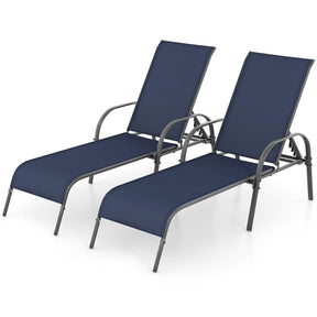 2 PCS Outdoor Chaise Lounges, 5-Position Adjustable Patio Reclining Chairs w/ Armrests, Heavy Duty Steel Sun Loungers for Pool, Yard, Beach