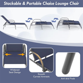2 PCS Outdoor Chaise Lounges, 5-Position Adjustable Patio Reclining Chairs w/ Armrests, Heavy Duty Steel Sun Loungers for Pool, Yard, Beach