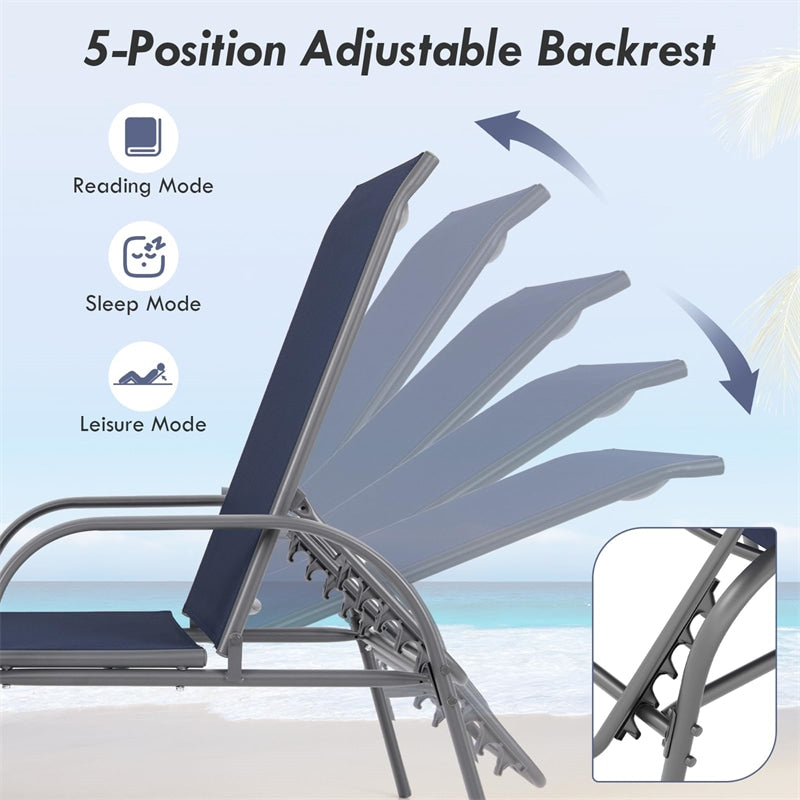2 PCS Outdoor Chaise Lounges, 5-Position Adjustable Patio Reclining Chairs w/ Armrests, Heavy Duty Steel Sun Loungers for Pool, Yard, Beach