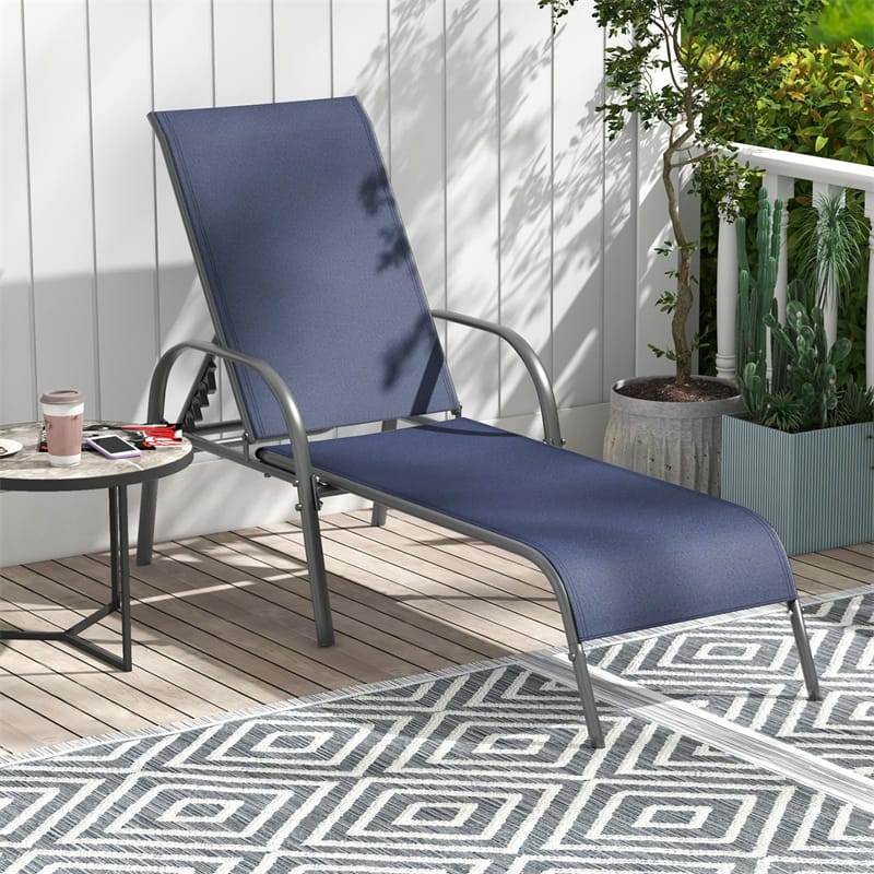2 PCS Outdoor Chaise Lounges, 5-Position Adjustable Patio Reclining Chairs w/ Armrests, Heavy Duty Steel Sun Loungers for Pool, Yard, Beach