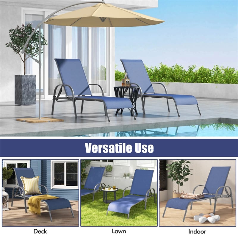 2 PCS Outdoor Chaise Lounges, 5-Position Adjustable Patio Reclining Chairs w/ Armrests, Heavy Duty Steel Sun Loungers for Pool, Yard, Beach