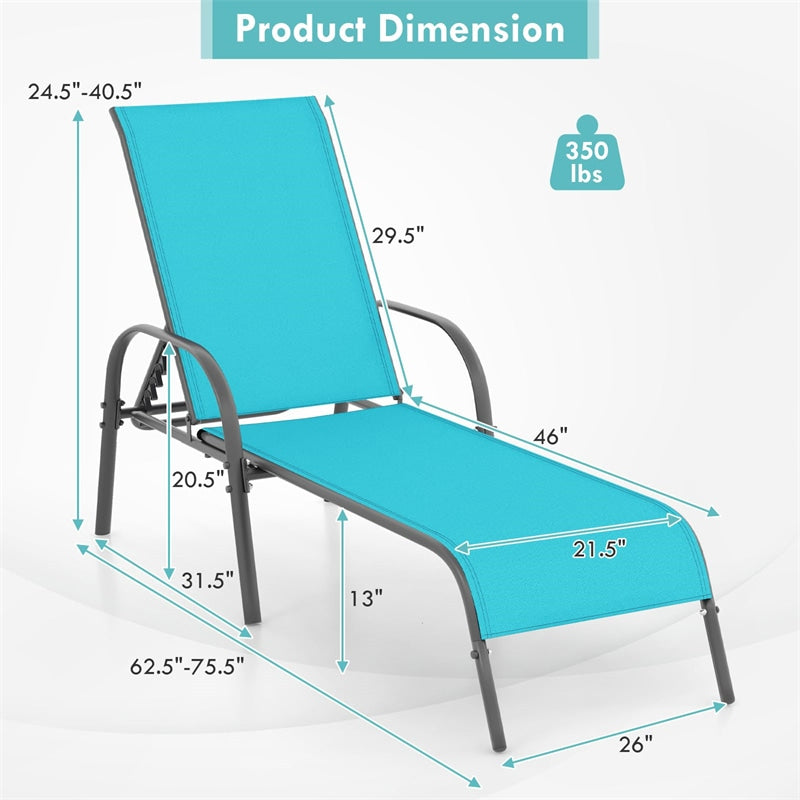2 PCS Outdoor Chaise Lounges, 5-Position Adjustable Patio Reclining Chairs w/ Armrests, Heavy Duty Steel Sun Loungers for Pool, Yard, Beach