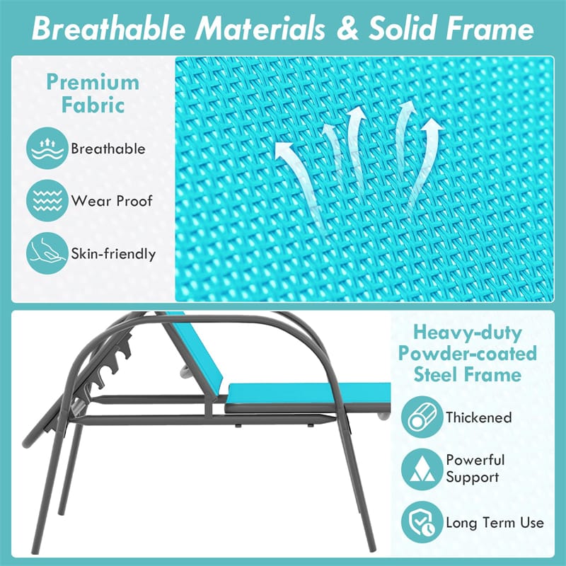 2 PCS Outdoor Chaise Lounges, 5-Position Adjustable Patio Reclining Chairs w/ Armrests, Heavy Duty Steel Sun Loungers for Pool, Yard, Beach