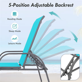 2 PCS Outdoor Chaise Lounges, 5-Position Adjustable Patio Reclining Chairs w/ Armrests, Heavy Duty Steel Sun Loungers for Pool, Yard, Beach