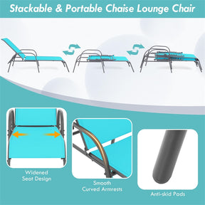 2 PCS Outdoor Chaise Lounges, 5-Position Adjustable Patio Reclining Chairs w/ Armrests, Heavy Duty Steel Sun Loungers for Pool, Yard, Beach