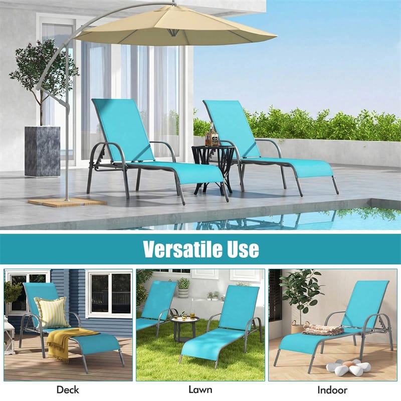 2 PCS Outdoor Chaise Lounges, 5-Position Adjustable Patio Reclining Chairs w/ Armrests, Heavy Duty Steel Sun Loungers for Pool, Yard, Beach