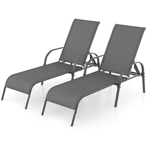 2 PCS Outdoor Chaise Lounges, 5-Position Adjustable Patio Reclining Chairs w/ Armrests, Heavy Duty Steel Sun Loungers for Pool, Yard, Beach