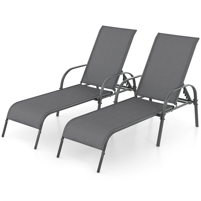 2 PCS Outdoor Chaise Lounges, 5-Position Adjustable Patio Reclining Chairs w/ Armrests, Heavy Duty Steel Sun Loungers for Pool, Yard, Beach