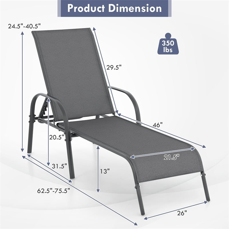 2 PCS Outdoor Chaise Lounges, 5-Position Adjustable Patio Reclining Chairs w/ Armrests, Heavy Duty Steel Sun Loungers for Pool, Yard, Beach