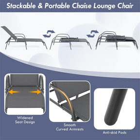 2 PCS Outdoor Chaise Lounges, 5-Position Adjustable Patio Reclining Chairs w/ Armrests, Heavy Duty Steel Sun Loungers for Pool, Yard, Beach