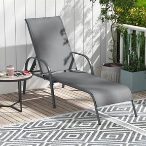 2 PCS Outdoor Chaise Lounges, 5-Position Adjustable Patio Reclining Chairs w/ Armrests, Heavy Duty Steel Sun Loungers for Pool, Yard, Beach