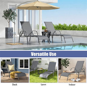 2 PCS Outdoor Chaise Lounges, 5-Position Adjustable Patio Reclining Chairs w/ Armrests, Heavy Duty Steel Sun Loungers for Pool, Yard, Beach