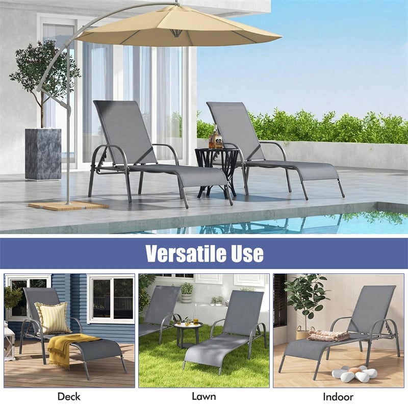 2 PCS Outdoor Chaise Lounges, 5-Position Adjustable Patio Reclining Chairs w/ Armrests, Heavy Duty Steel Sun Loungers for Pool, Yard, Beach