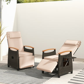 Patio Rattan Wicker Recliner Chair Push Back Reclining Lounge Chair w/Adjustable Backrest & Footrest, Flip Side Table, Cushion