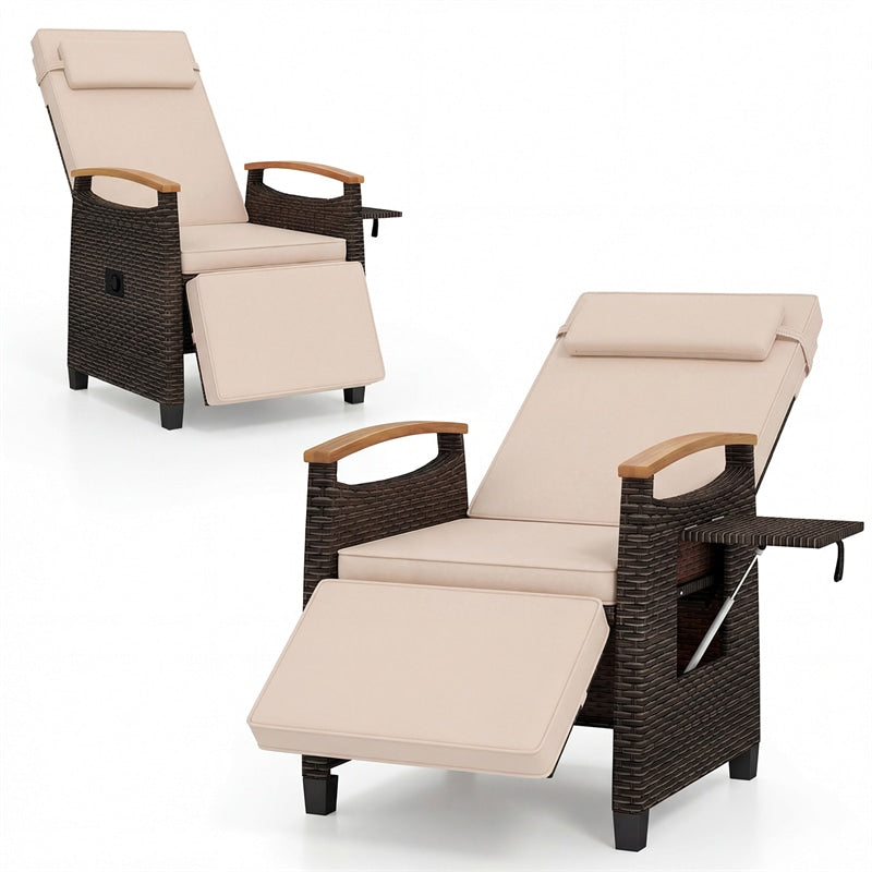 Patio Rattan Wicker Recliner Chair Push Back Reclining Lounge Chair w/Adjustable Backrest & Footrest, Flip Side Table, Cushion