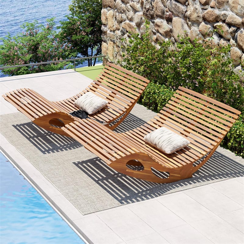 Outdoor Double Rocking Chaise Lounge Chair for 2, Acacia Wood Patio Sun Lounger with Slatted High Backrest & Seat, 440LBS Capacity for Poolside