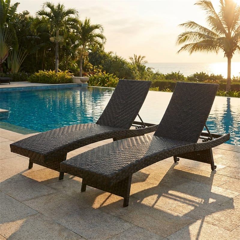 Folding Patio Chaise Lounge Chair, Quick Dry Foam Padded Rattan Recliner with 5-Level Adjustable Backrest & Wheels for Outdoor Backyard Garden