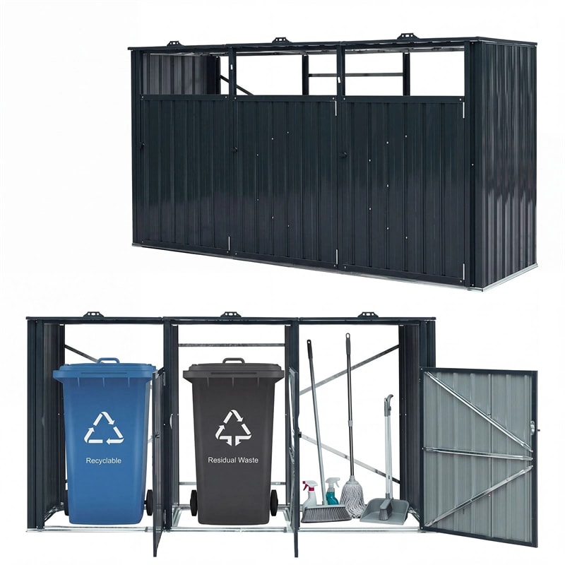 3-Bin Outdoor Trash Can Storage Shed, 7.8x2.6 FT Metal Garbage Bin Shed, Flip-Up Lids & Lockable Doors, Galvanized Steel Enclosure for Patio Backyard