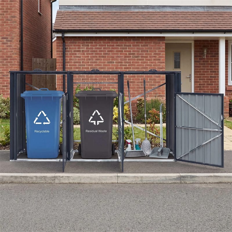 3-Bin Outdoor Trash Can Storage Shed, 7.8x2.6 FT Metal Garbage Bin Shed, Flip-Up Lids & Lockable Doors, Galvanized Steel Enclosure for Patio Backyard